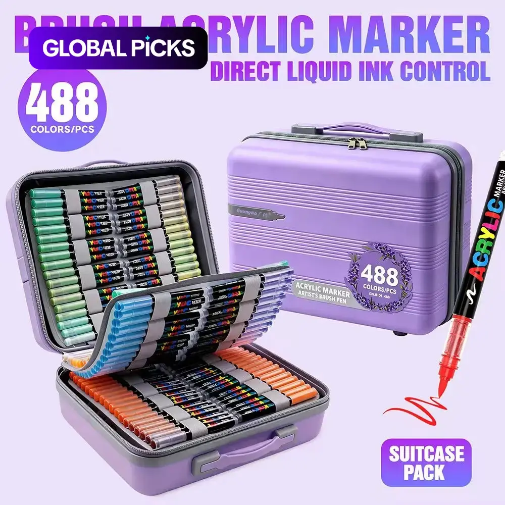 Guangna Acrylic Marker Pen, Marker Set, 408/488 Colors, Portable Case, Smooth Ink Flow, Stacking Colors, Ideal for Canvas, Wood, Glass, Fabric Art #GLOBAL PICKS