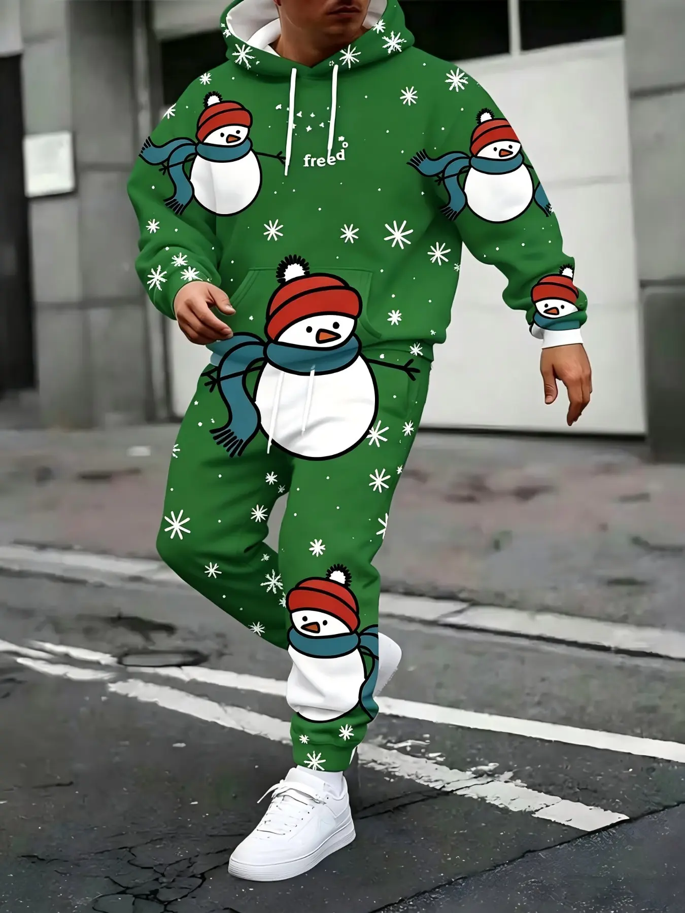 Men's Christmas Cartoon Full Print Set, Snowman Santa Claus Print Hoodie and Pants, Casual Loose-Fitting, Unlined