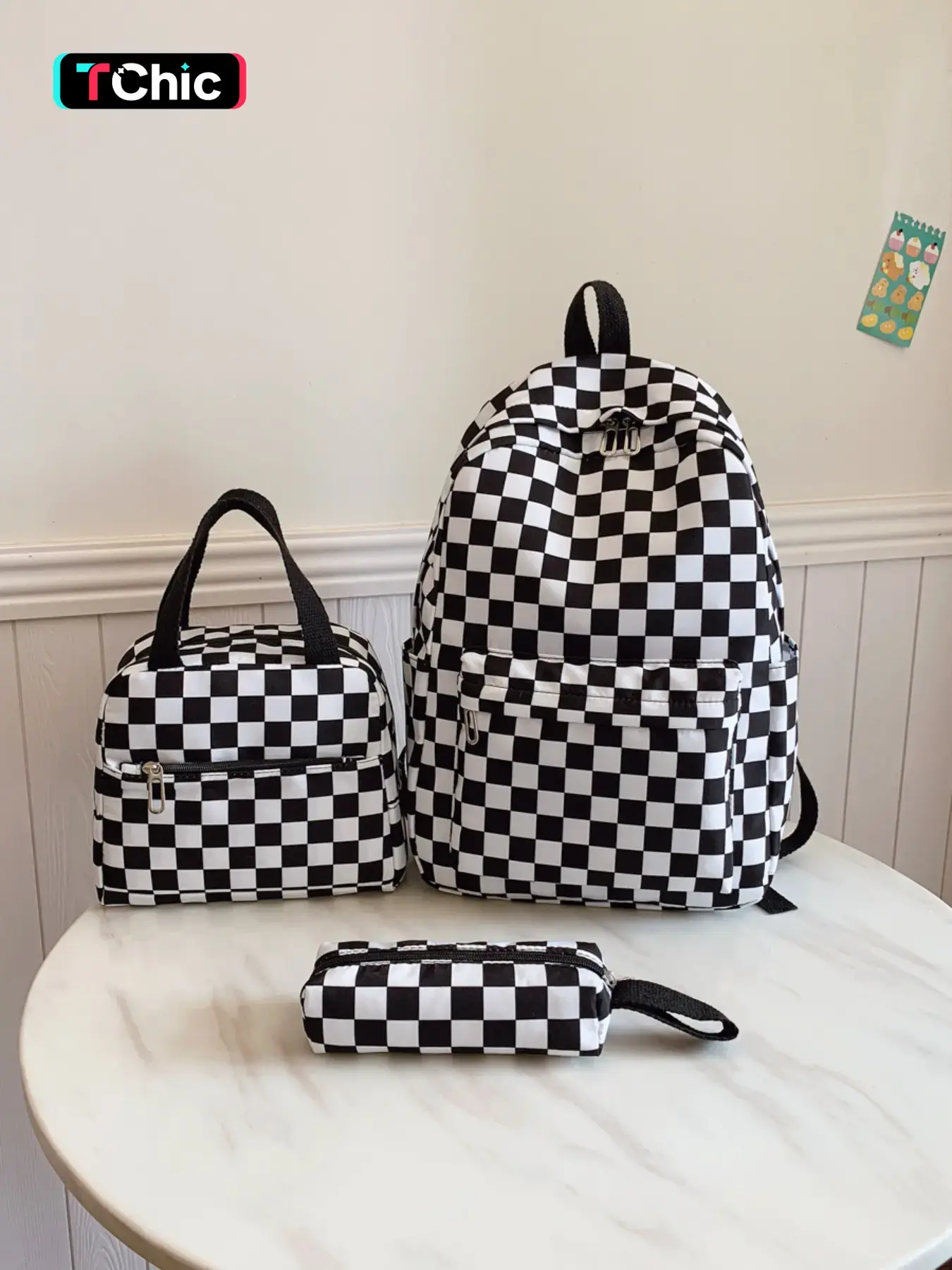 Korean-Style Instagram-Inspired Black-and-White Checkered All-Over Print Backpack 3-Piece Set Weight-Reducing Spine-Protecting Student Backpack, Tote Bag, and Pencil Case School Set - New Arrival