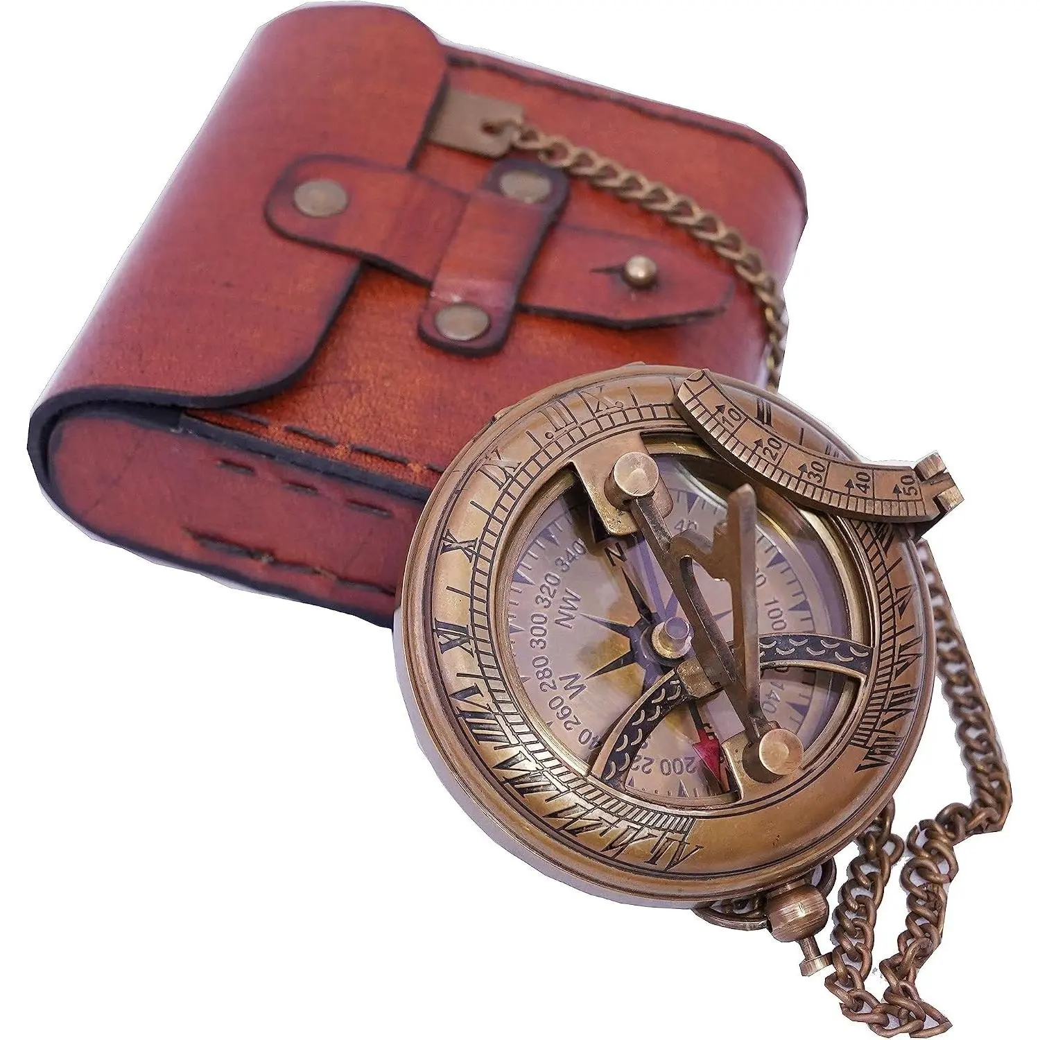 Handcrafted Vintage Brass Sundial Compass – Antique Nautical Sun Clock with Leather Case – Engraved Collectible Brass Compass Gift for Men - Nautical Gifts for Men, Best Anniversary Vintage Gifts