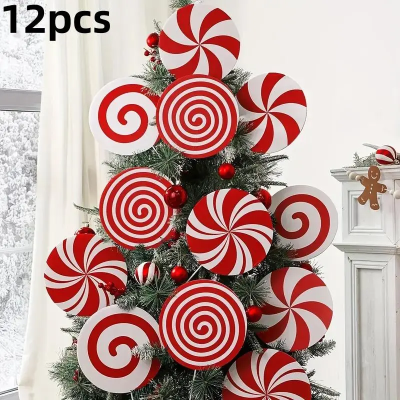 12Pcs Holiday Christmas tree decoration, red and white mint candy bar design, plastic, feather free, non electrical, holiday party decoration, for home and office Christmas tree tops - perfect for Christmas and holidays!