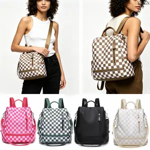 Classic Checkerboard Convertible Backpack, 3-Way Anti-Theft Nylon Shoulder Bag & Crossbody Purse for Casual Travel, Travel Must Haves