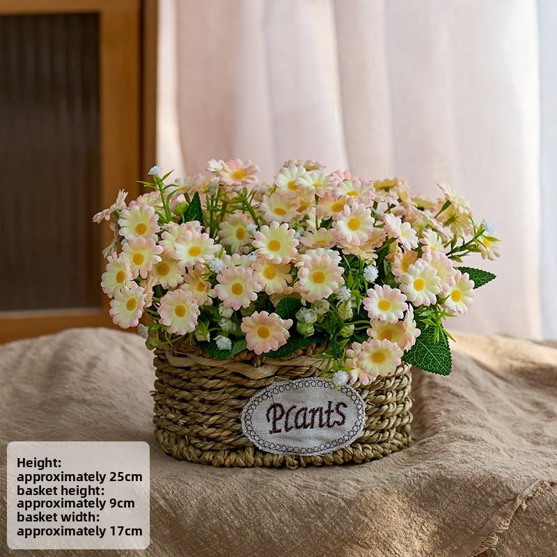 Elegant Rose  Flower Basket, Faux Floral Arrangement for Living Room & Dining Table Decor White Babys Breath Bouquet