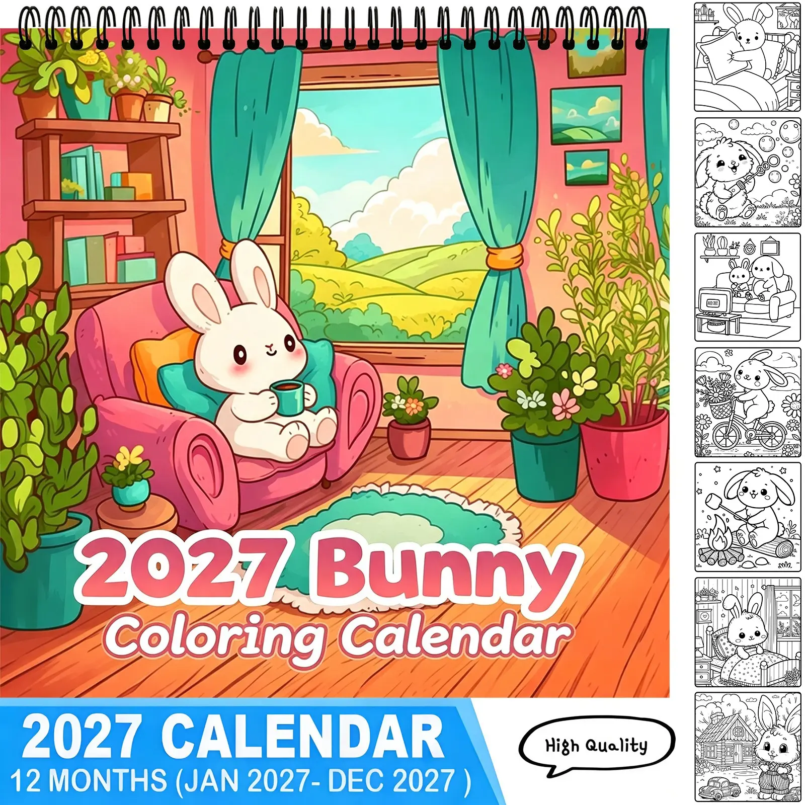 2027 Cute Bunny Coloring Calendar 12 Months Jan-Dec Spiral Binding High Quality Cozy Cottagecore Rabbit Themed Coloring Planner Stress Relief Aesthetic Home Decor Holiday Gift For Animal Lovers,TikTokMadeMeBuyIt,coloring calendar,kids wall calendar