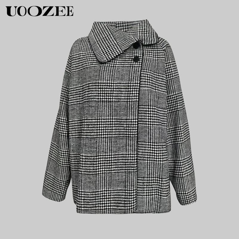 UOOZEE  TikTok Exclusive Women's 2025 New Autumn Winter Coat Plaid Stand Collar Jacket, Fashion Retro Plaid Houndstooth Pattern Button Asymmetric Light Coat for Commuting, Casual Outing or Dating Fit Womenswear Elegance winter outfits coat jacketswomen