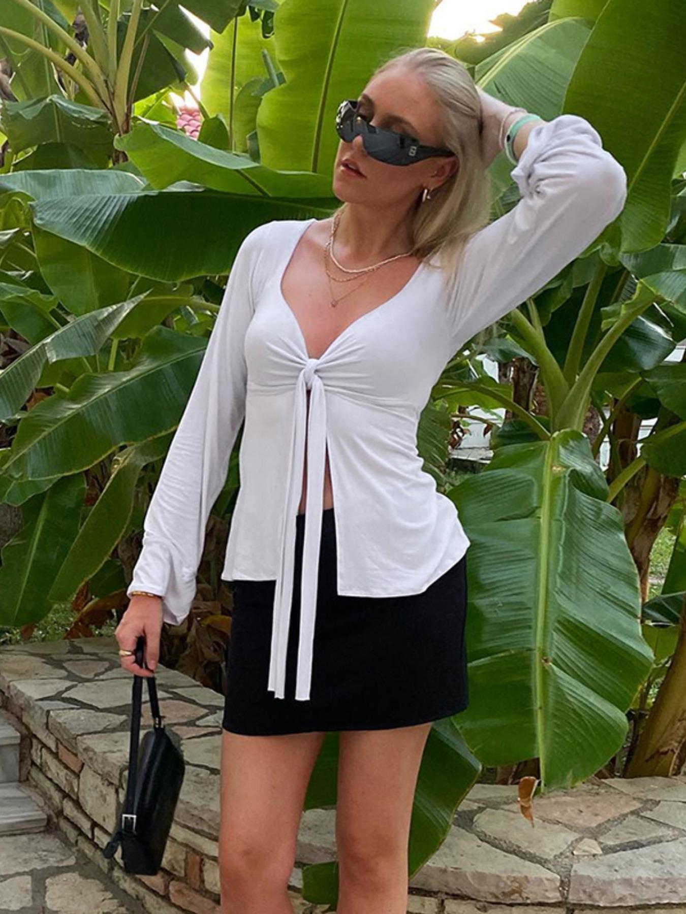 Women's Solid Knot Front Split Hem Tee, Casual Long Sleeve Sweetheart Neck T-Shirt for Fall, Women's Clothing for Daily Wear