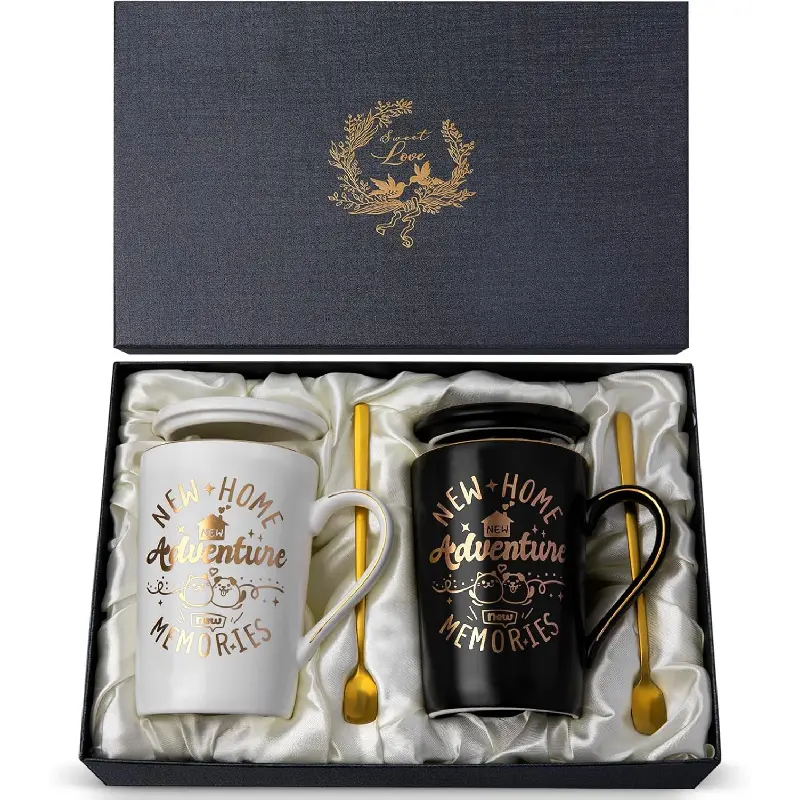 House Warming Gifts New Home - New Home Gift Ideas for Women Men Couple New Homeowners Neighbor Friend, Unique Housewarming Present with 14Oz Coffee Mugs, Spoons, Lids, Greeting Card, Elegant Boxed