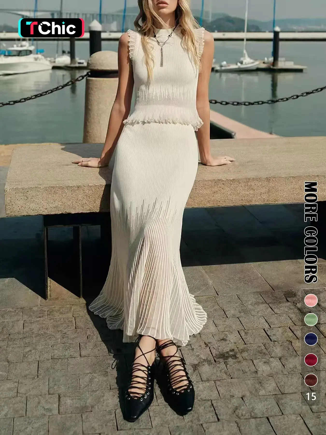 Elegant Two-Piece Set, Sleeveless Knitted Fitted Tank Vest & Long Pleated Skirt, Fashionable Chic Slim Fit Design, Womenswear, Clothes, Elegance