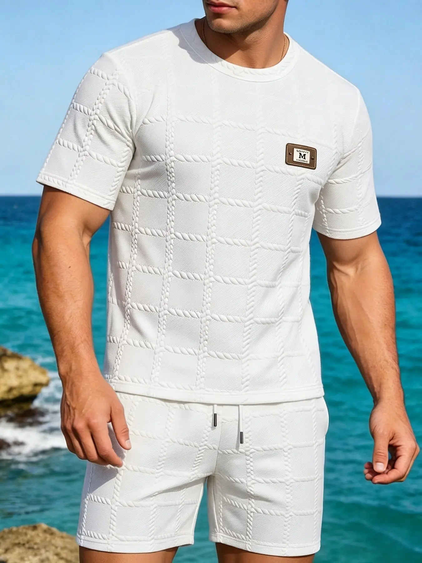 Summer Men 2 Piece Matching Tracksuit, 3D Cable Grid Embossed Textured Crew Neck T-Shirt + Elastic Waist Drawstring Shorts, Soft Breathable Knit Casual Outfit Style Set For City Holiday Daily Street Style Home Wear