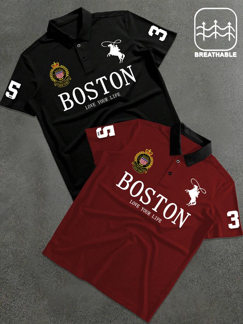 Men's Letter & Number Print Polo Shirt, Fitted Casual Collared, Regular Fit Casual Short Sleeve Top for Daily Outdoor Wear, Fashion Men's Clothes for All Seasons