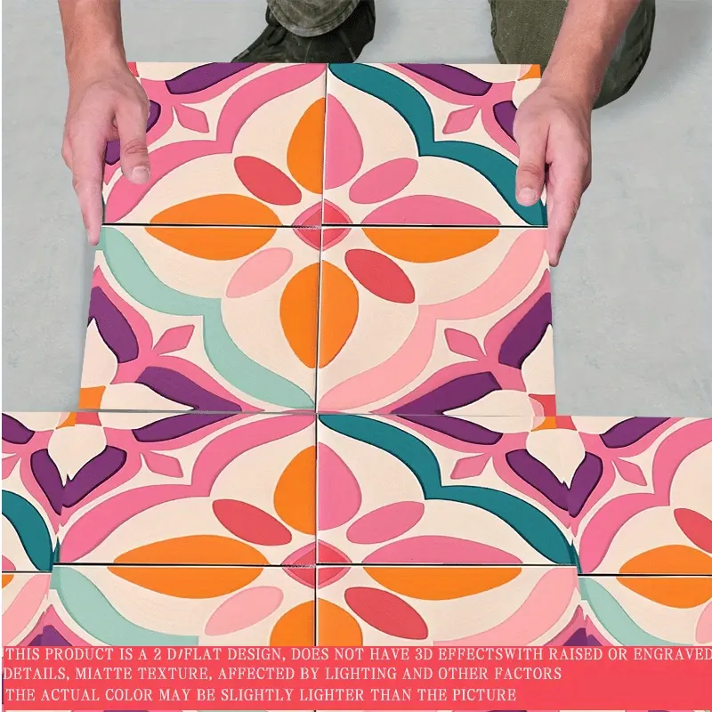 10pcs 2D Flat Spanish Style Vinyl Flooring - Simple Geometric Pattern Floor Stickers, Suitable for Kitchen, Bedroom, Balcony, Bathroom, and Other Surface Renovation and Decoration, Size 11.81x11.81 Inches. Self-Adhesive and Removable, Easy DIY