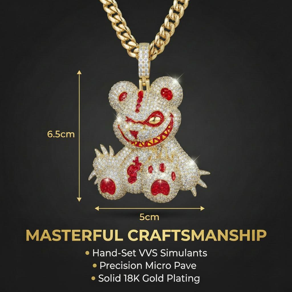 Iced Out Evil Teddy Bear Pendant Necklace, Savage Bloody Bear Mascot CZ Hip Hop Jewelry, Edgy Y2K Street Luxury Drip with Rope Chain Iced Out Evil Teddy Bear Pendant Necklace, Savage Bloody Bear Mascot CZ Hip Hop Jewelry, Edgy Y2K Street Luxury Drip with Rope Chain