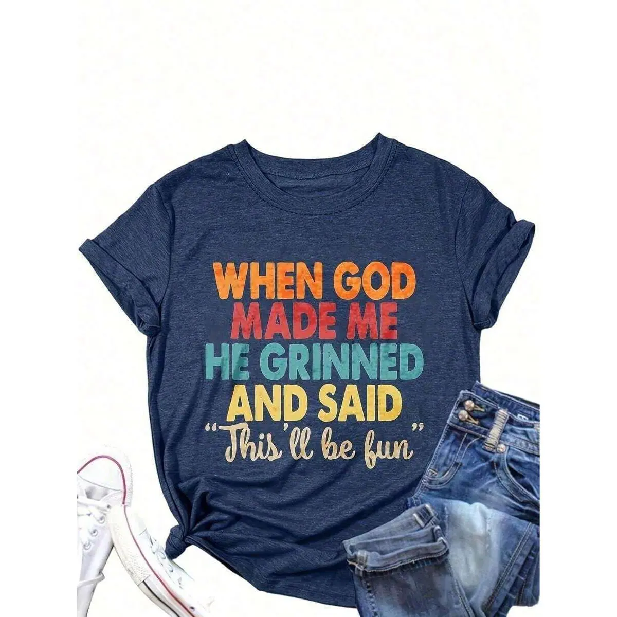 2026 LC When God Created Me, He Smiled Women's Fun Christian-Shirt Ironic Jesus Religious Top Casual Daily Wear R Tees, Plus Size Summer Outfits