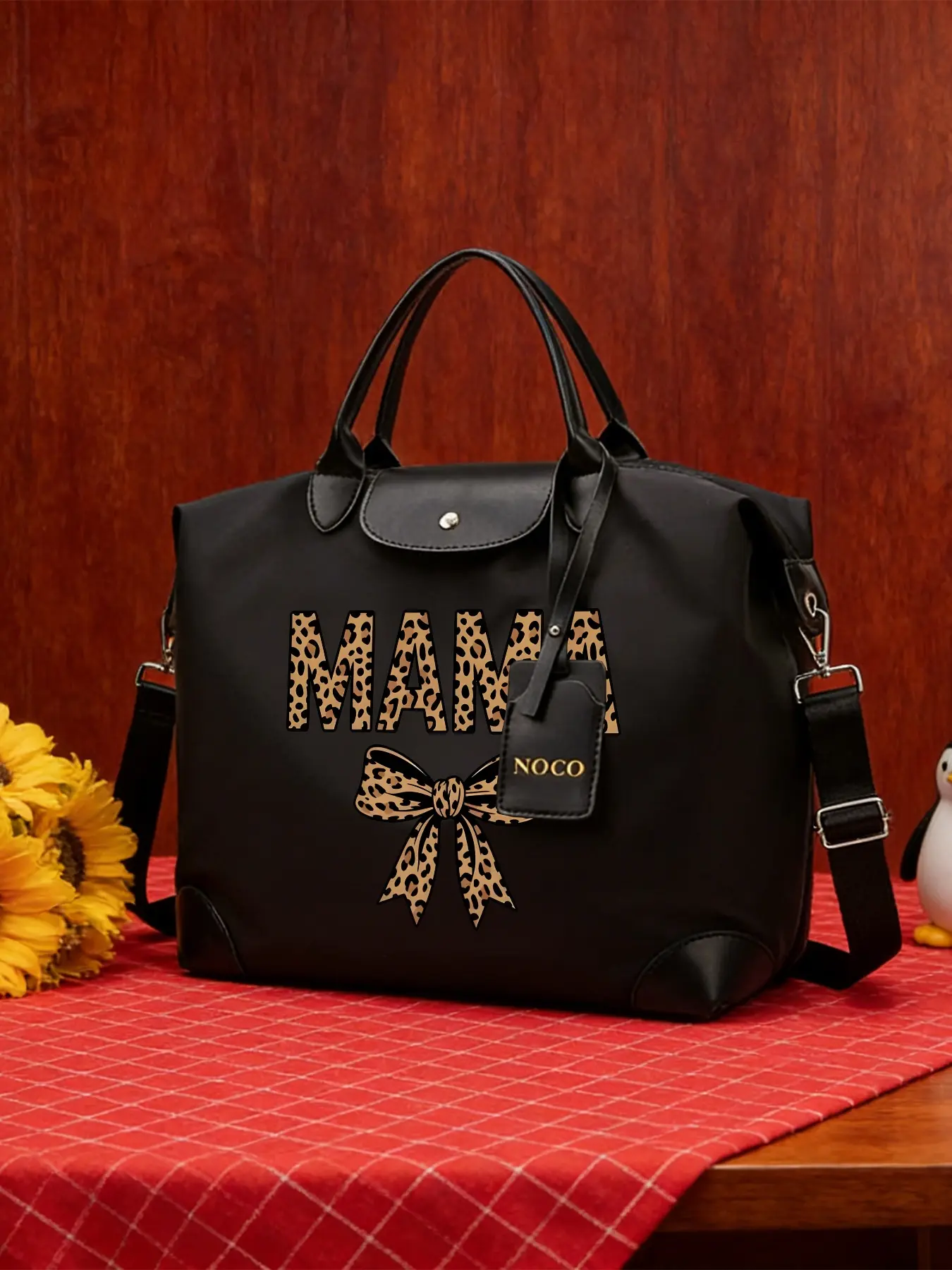 Leopard Print Bow MAMA Pattern Crossbody Bag, Stylish Tote Bag, Aesthetic Shoulder Bag, Casual Shoulder Bag, Large‑capacity Handbag, Adjustable Shoulder Strap, Wearable As Crossbody or Hand‑held, Suitable for Work and Daily Commuting, An Ideal Gift.