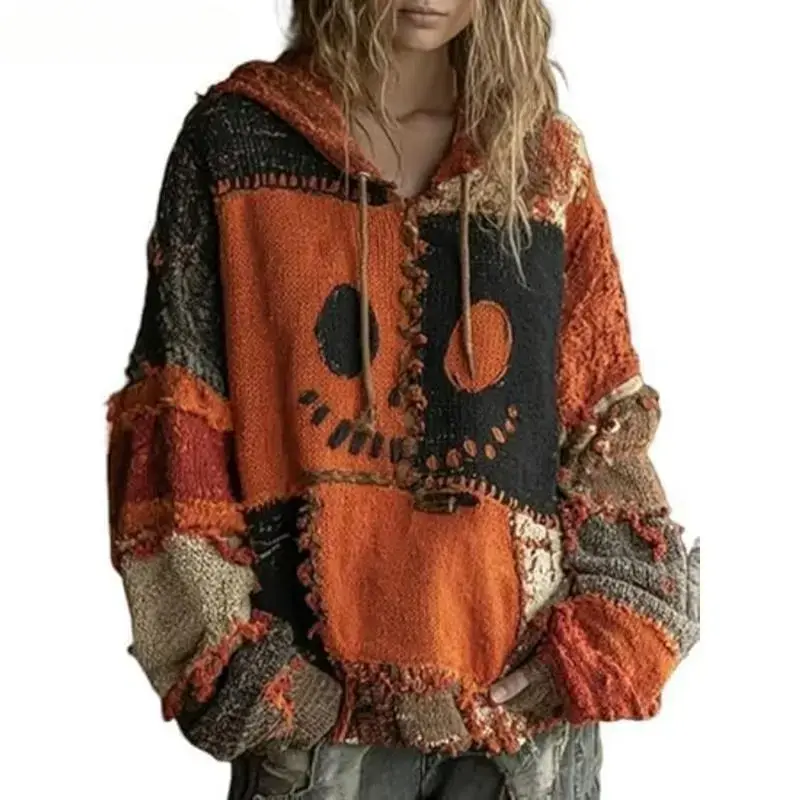 Women's Halloween Comfort Hoodie - Features a spooky mask print and pumpkin patchwork design.This hoodie has a hood and is a printed design, not a knitted