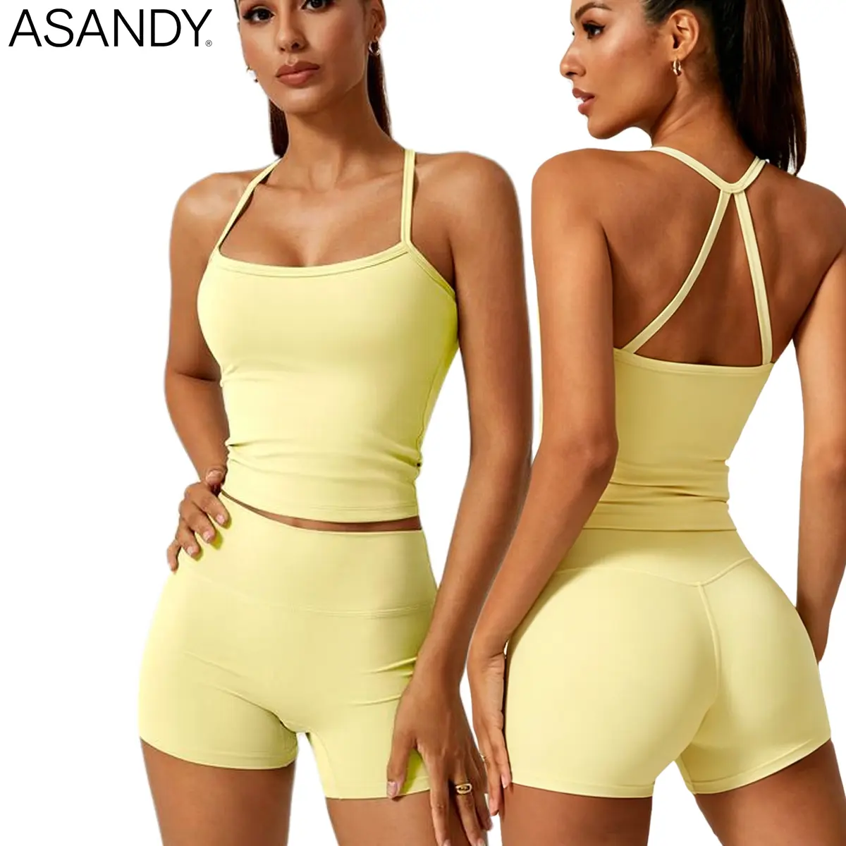 ASANDY 2 Piece Workout Set for Women - Fitted Criss Cross Strappy Cami with High Waisted Athletic Shorts for Gym Yoga, Women's Clothes, Two Piece Sets