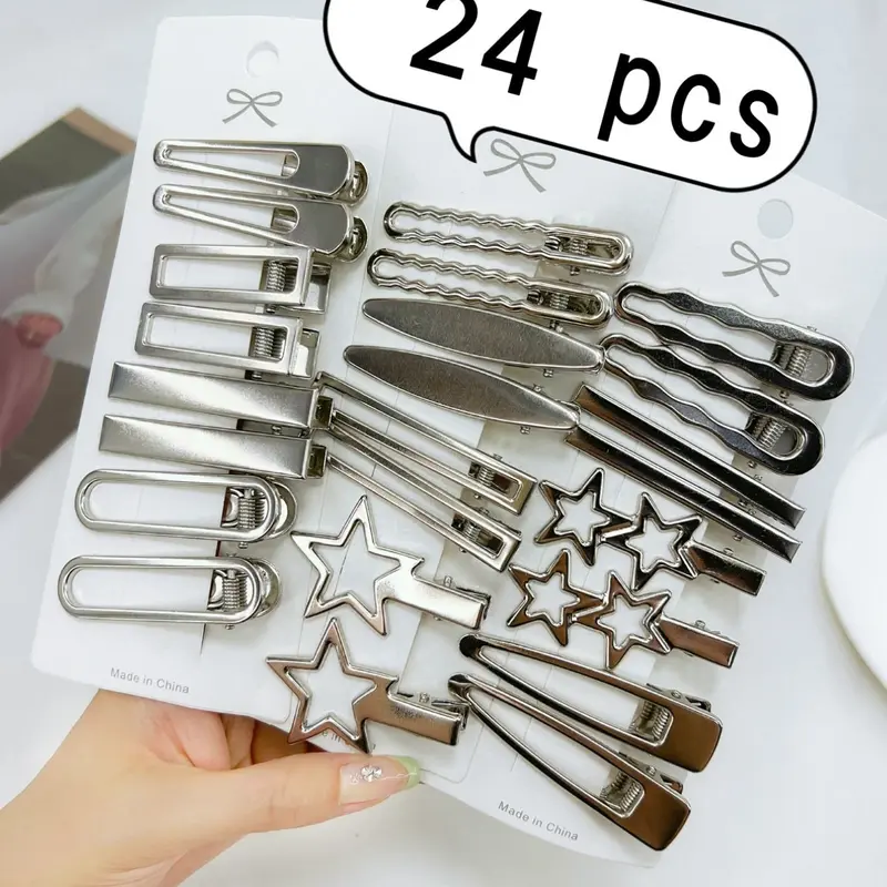 24pcs Fashion Metallic Finish Multiple Styles Hollow out Star Design, Casual Versatile Hair Accessories for Women & Girls, All-match Alligator Hair Clip Set for Daily Used