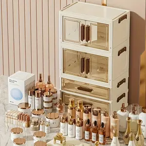2-tier foldable large-capacity transparent drawer storage cabinet - white plastic tabletop bathroom organizer suitable for cosmetics, skincare products, documents, and books - ideal gift for Valentine's Day or birthdays