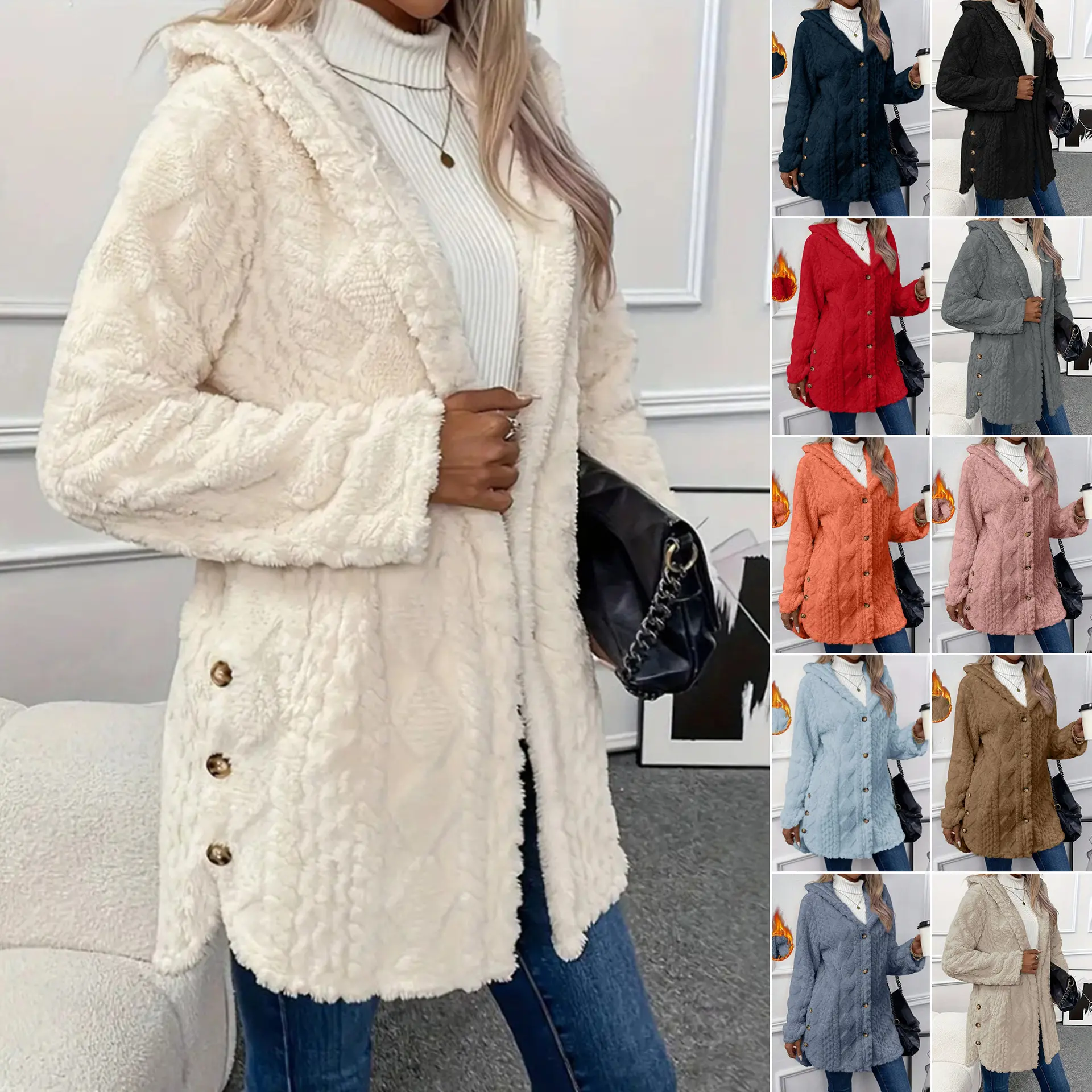 2026 Autumn Winter Women Hooded Double Sided Fleece Long Sleeve Cardigan, Casual Button Down Thermal Warm Outer Coat, Soft Plush Loose Fit Basic Layering Jacket, Minimalist Solid Color Daily Commute Outdoor Thermal Sweater Coat for Ladies
