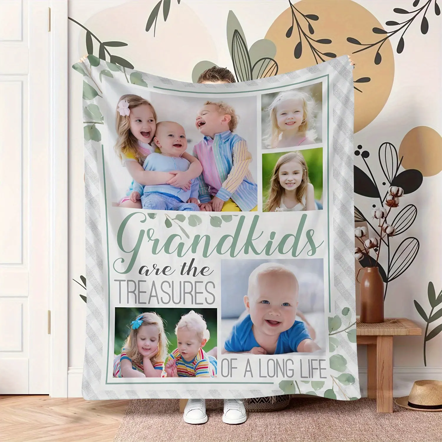Custom Grandkids 5 Photo Flannel Blanket, Personalized Treasures Of A Long Life Soft Throw, Cozy Warm Sentimental Gift for Grandma Grandpa, Memory Home Decor for Couch Sofa Bed, AC Room Summer Blanket, Birthday Christmas Grandparent Keepsake