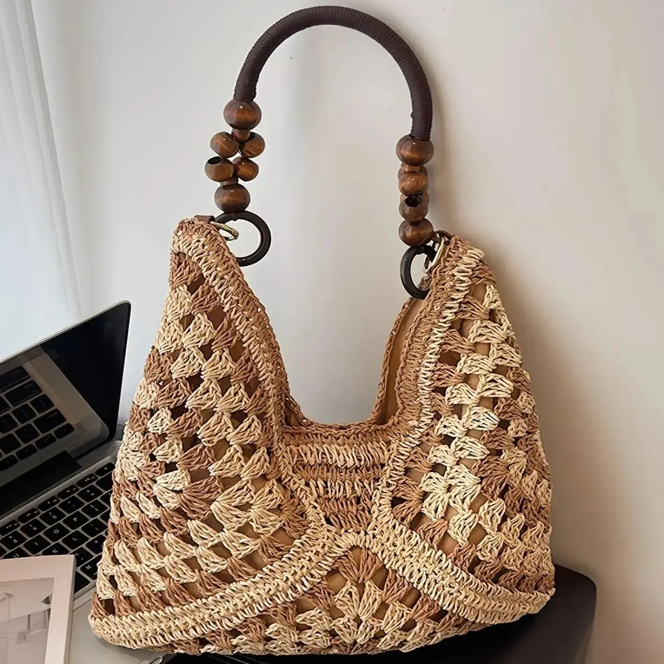 Women's Handwoven Rope Crochet Straw Shoulder Bag - Lightweight Handmade Tote with Adjustable Strap, Boho Beach Vacation Outfit Accessory, Resin Polyester Material