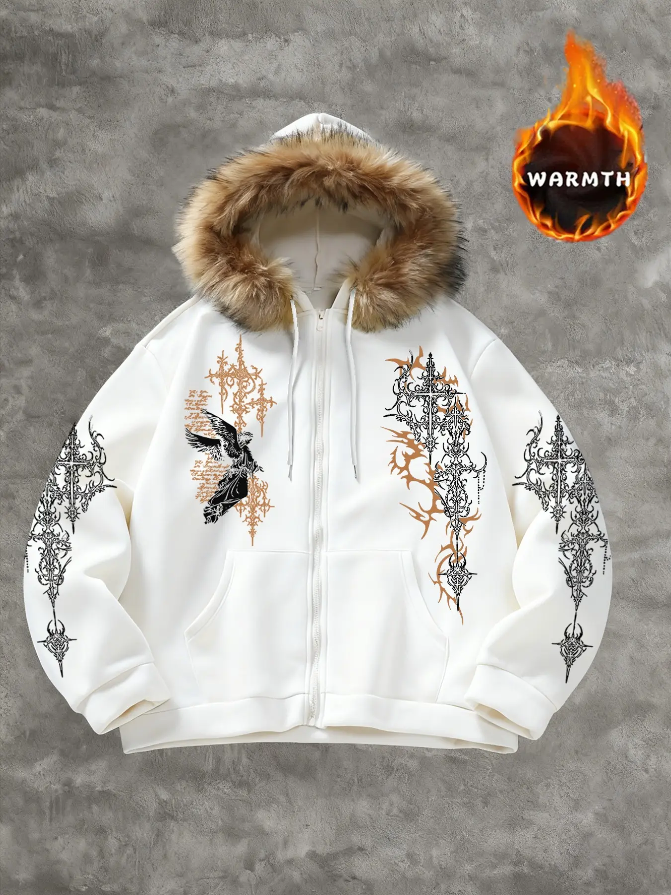Men's Trendy Asymmetrical Angel Graphic Print Hoodie Jacket, Detachable Fur Collar, Loose Fit, Fall & Winter Outerwear, Printed Hoodies