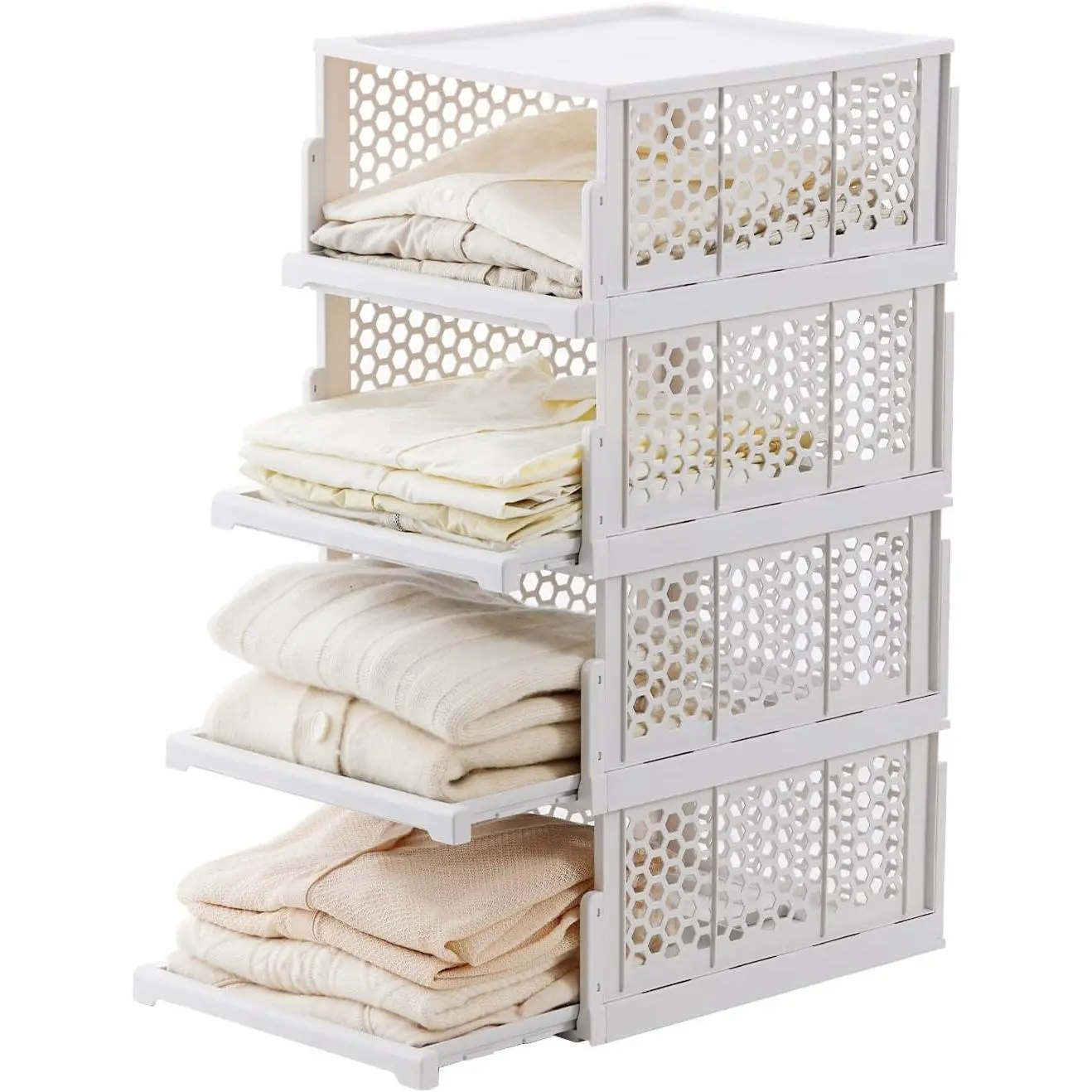 Pull-out Plastic Storage Basket with a Lid,Stackable Closet Organizers Drawer Anti-Tipping, Shelf Container for Bathroom Laundry Room Storage, Space-Saving Clothes Storage (White Gray, L-4 pack)