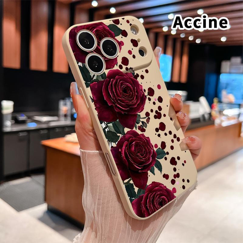 Straight Edge Phone Case for iPhone 17 15 16 14 Pro Max 13 12 11 XR XS Plus Air E Blooming Ruby Roses Pattern Anti-Scratch Shockproof Soft Liquid Silicone Protective Cover Smartphone Casing