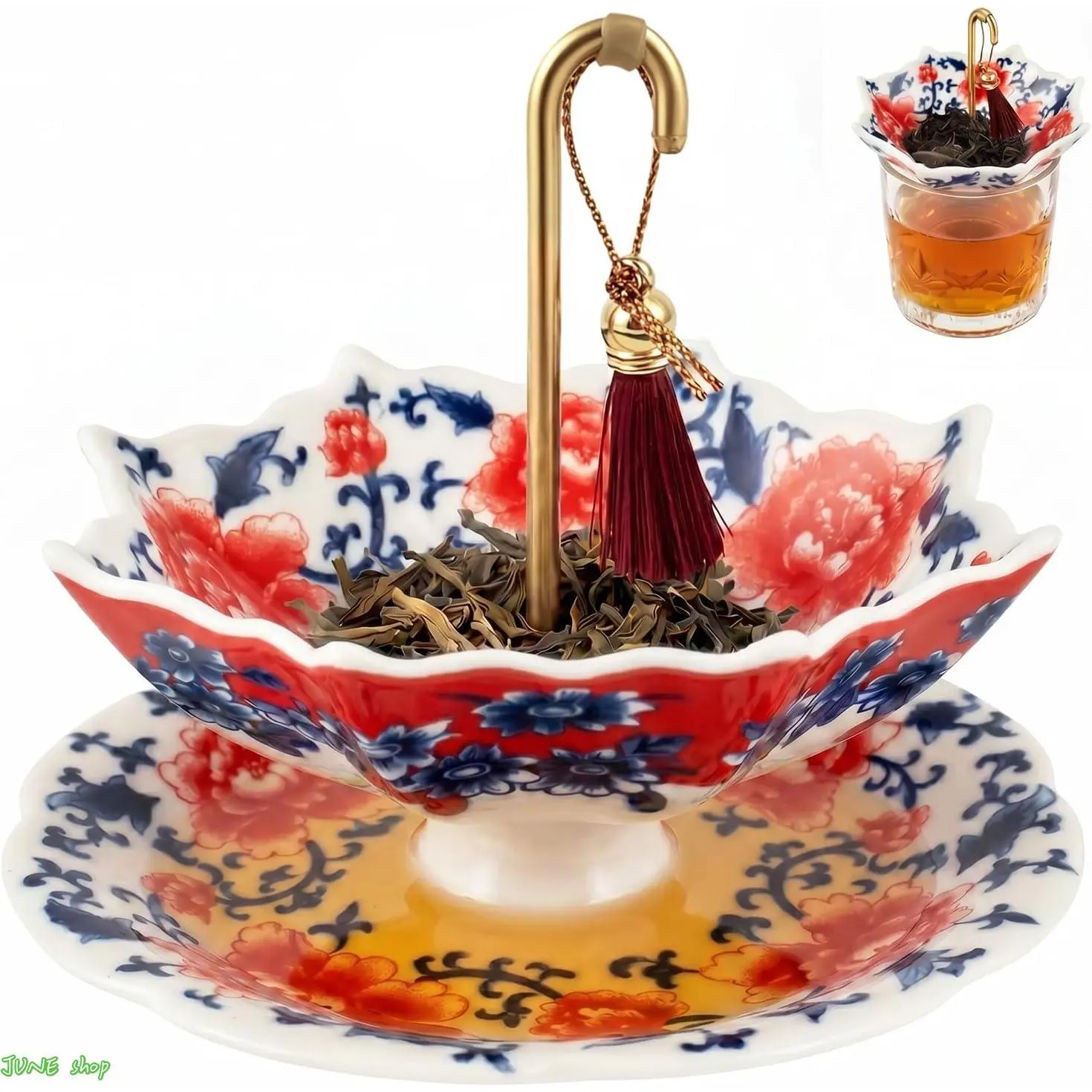 Umbrella-Style Tea Strainer Set: Ceramic tea strainer featuring a creative rotating umbrella-shaped top and a copper handle — an accessory for Gongfu tea ceremony.