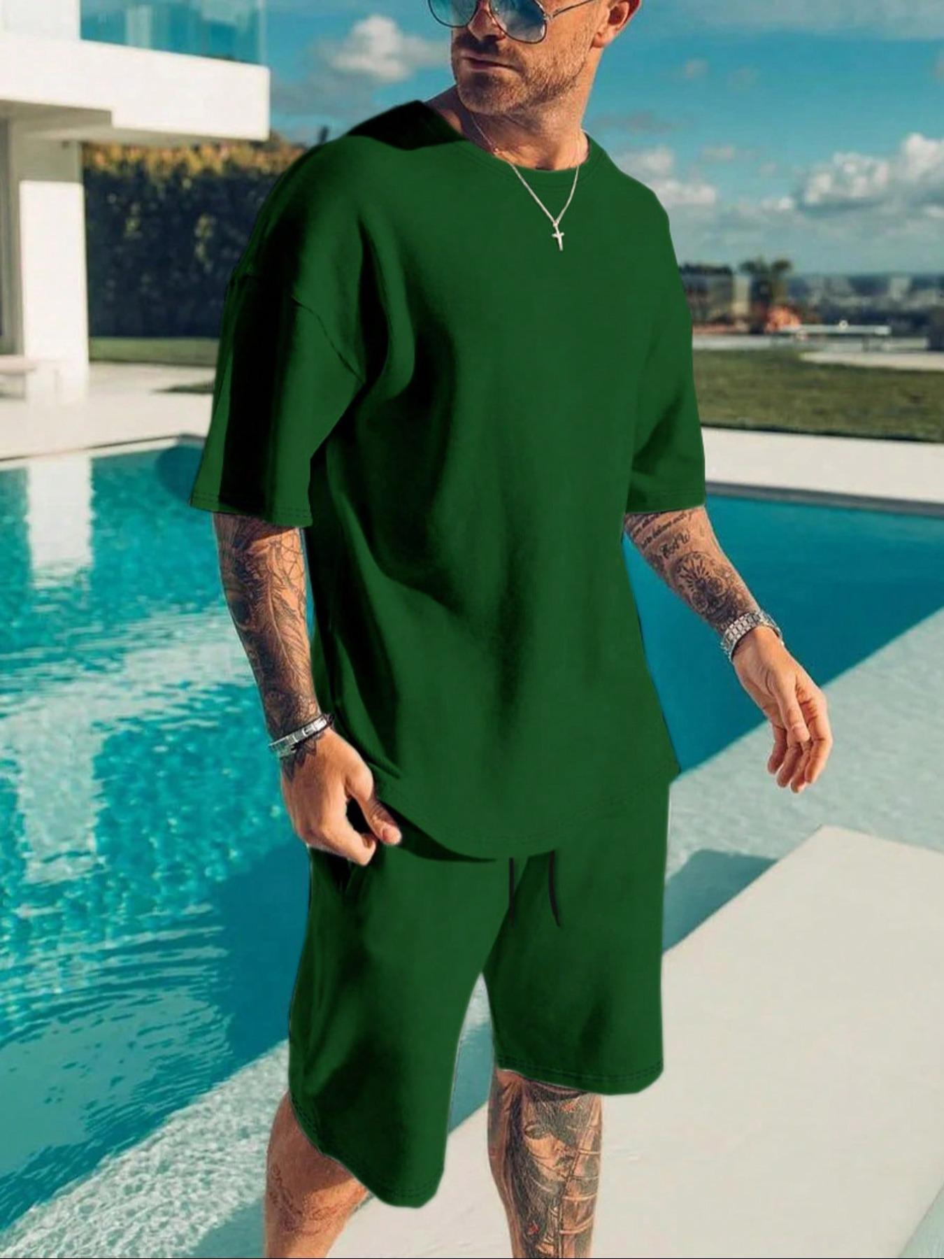 Two-Piece Set Men's Solid Short Sleeve Tee & Drawstring Waist Shorts Set, Regular Fit Casual Round Neck T-shirt & Track Shorts, Men's Summer Clothes Matching Clothing Set