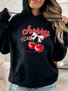 Women's Fashion Hooded Sweatshirt, Cherry Fruit & Letter Flower Print, Drawstring Kangaroo Pocket, Fall Winter Casual Sports Top