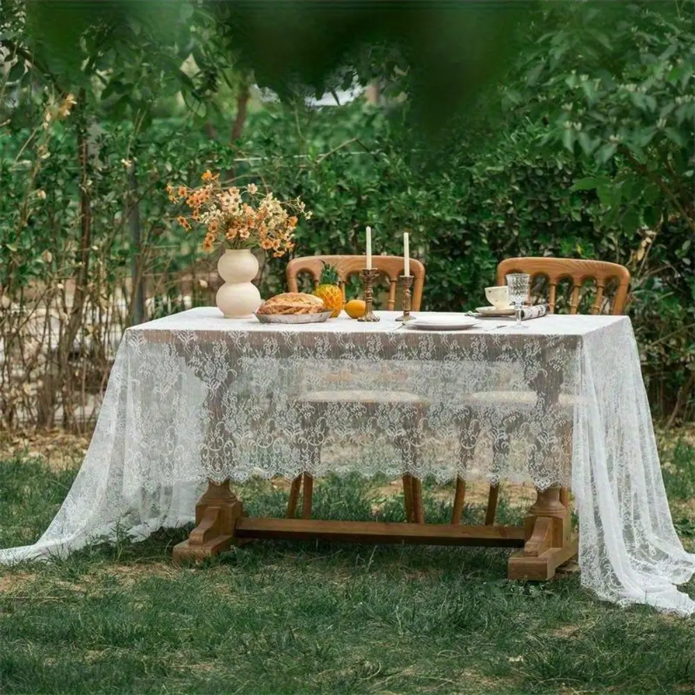 White Lace Tablecloth, French Style with Intricate Floral Patterns - Rectangular 100% Polyester Mantel for Dining Tables and Sophisticated Home Decor, Rectangular Size