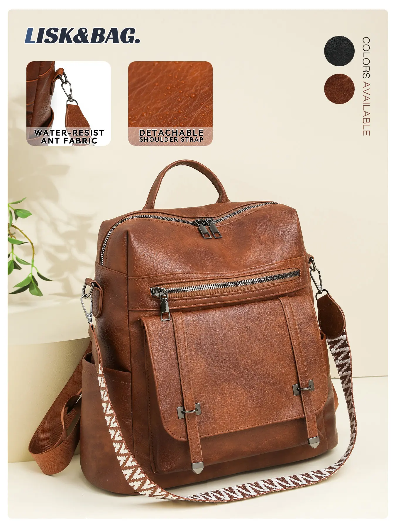 Women's PU Leather Backpack, Detachable Shoulder Strap, Multiple Pockets, Durable & Lightweight, Casual Style, All-Season Use