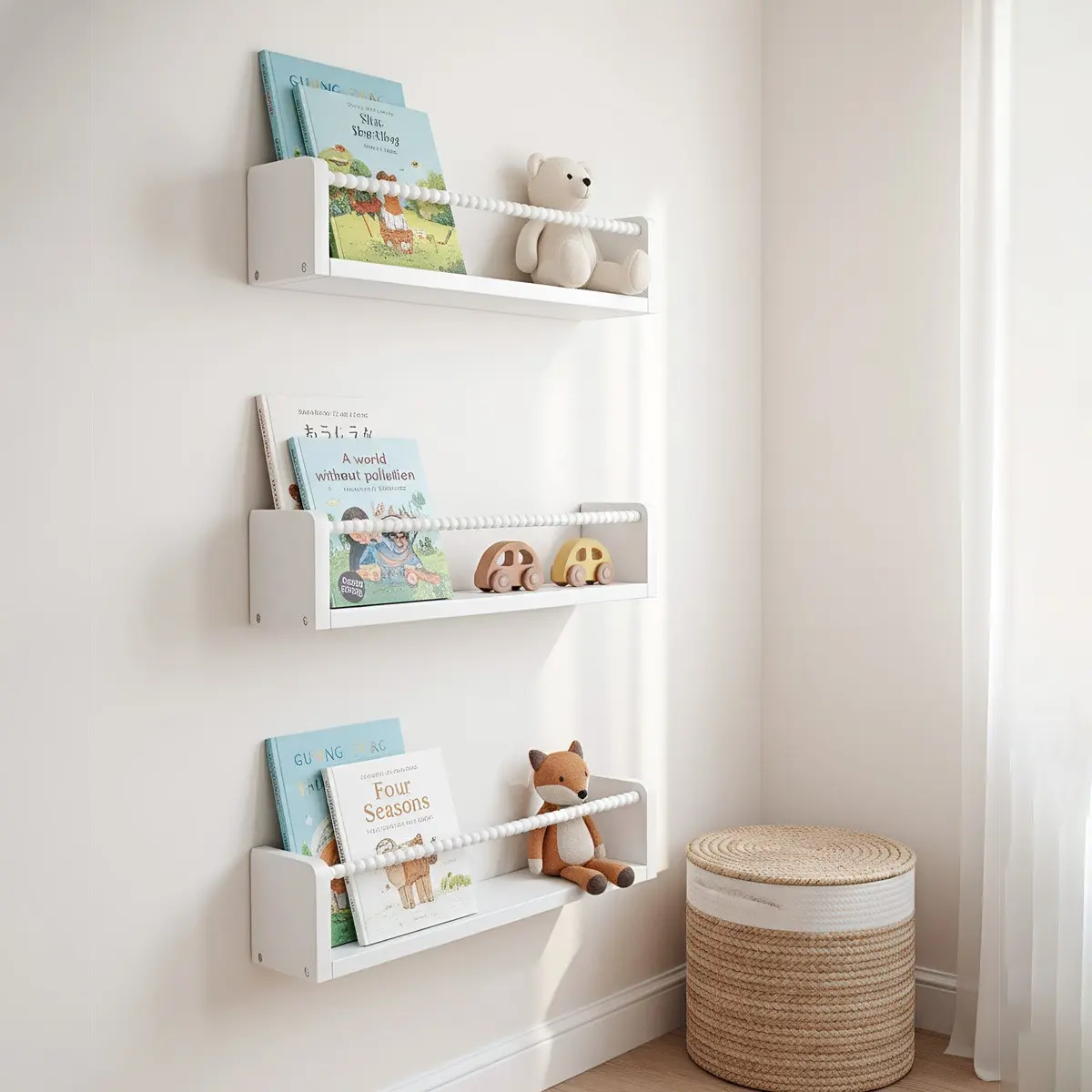 1/3 Pack Toddler Nursery Wooden Floating Shelves, Minimalist Wall-Mounted Storage Rack, Student Bookshelf, Kids Bookcase, Storybook Holder, Kindergarten Shelf