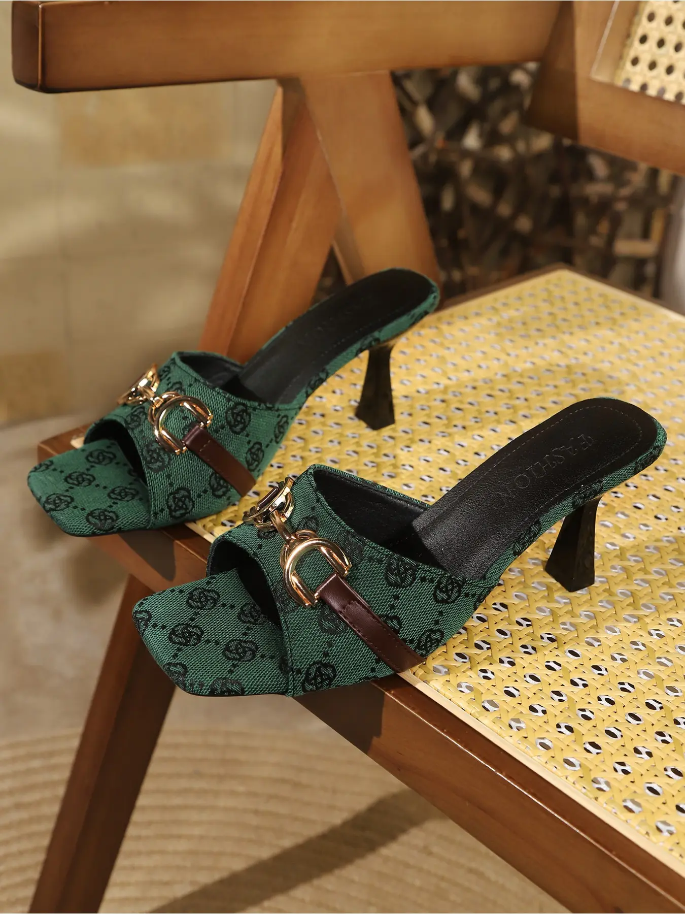 French Light Luxury Printed Horsebit High Heel Slides Summer Open Toe Thin Heel Outdoor Mules