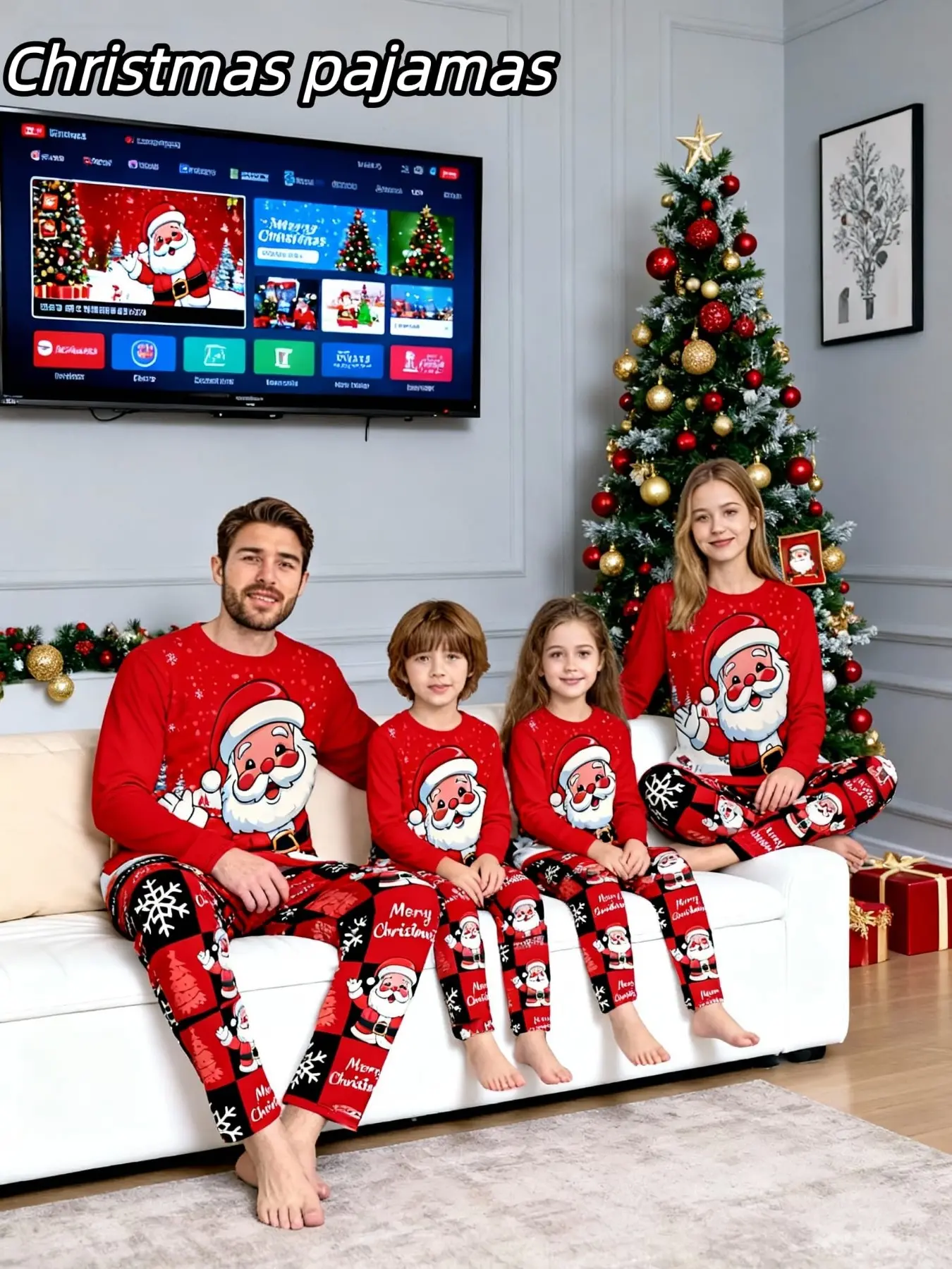 2-Piece Christmas Pajama Set, Santa Print Couples Sleepwear, Men Women Kids Holiday, Loose-Fit Casual Lounge Clothes