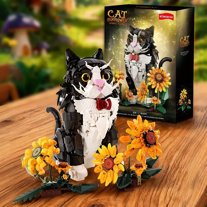 1434PCS Sunflower Tuxedo Cat Building Blocks Set Animal Bricks Model Desktop Ornament DIY Pet Cat Assembly Toy Collectible Gift For Cat Lovers, Teens & Adults