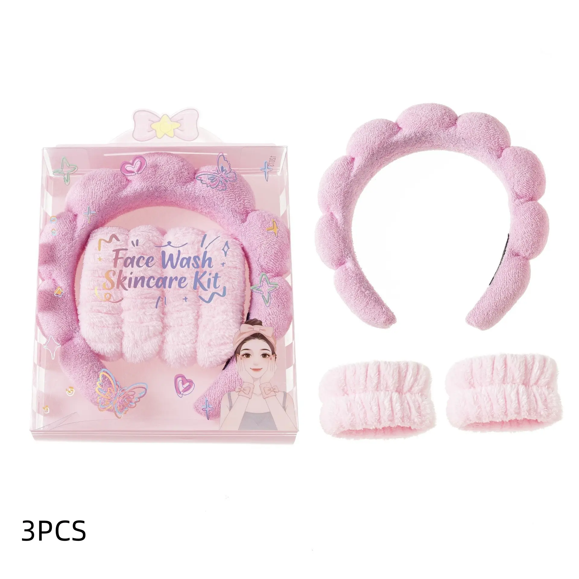 3pcs Cute Cloud Bubble Plush Headband & Wristbands Set, Soft Coral Fleece Spa Skincare, Anti-Slip Hair Band, Gift for Women Girls