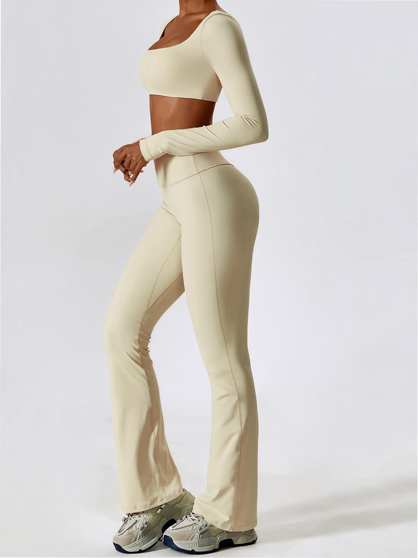 Women's Solid Square Neck Crop Top & High Waist Flare Leg Pants Set, Sporty Comfy Breathable Long Sleeve Top & Bell Bottom Trousers Two/Four-piece Outfits for Yoga Workout, Ladies' Clothes for All Seasons, Gym Wear, Sweatsuit Set
