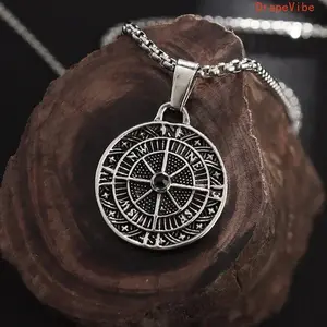 Unisex Silver-Tone Retro Compass Disc Necklace with Engraved Box Chain, Chain Jewelry Necklaces for Streetwear Outfits