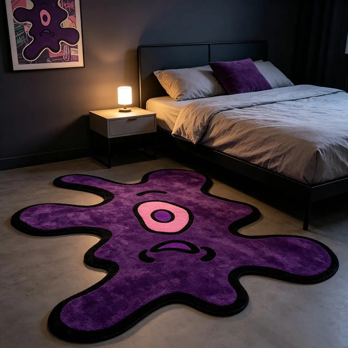 Purple one eyed monster alien carpet, cartoon soft and cute monster plush floor mat, trendy and cool anti slip decorative floor mat for e-sports rooms and bedrooms, Cool Rugs