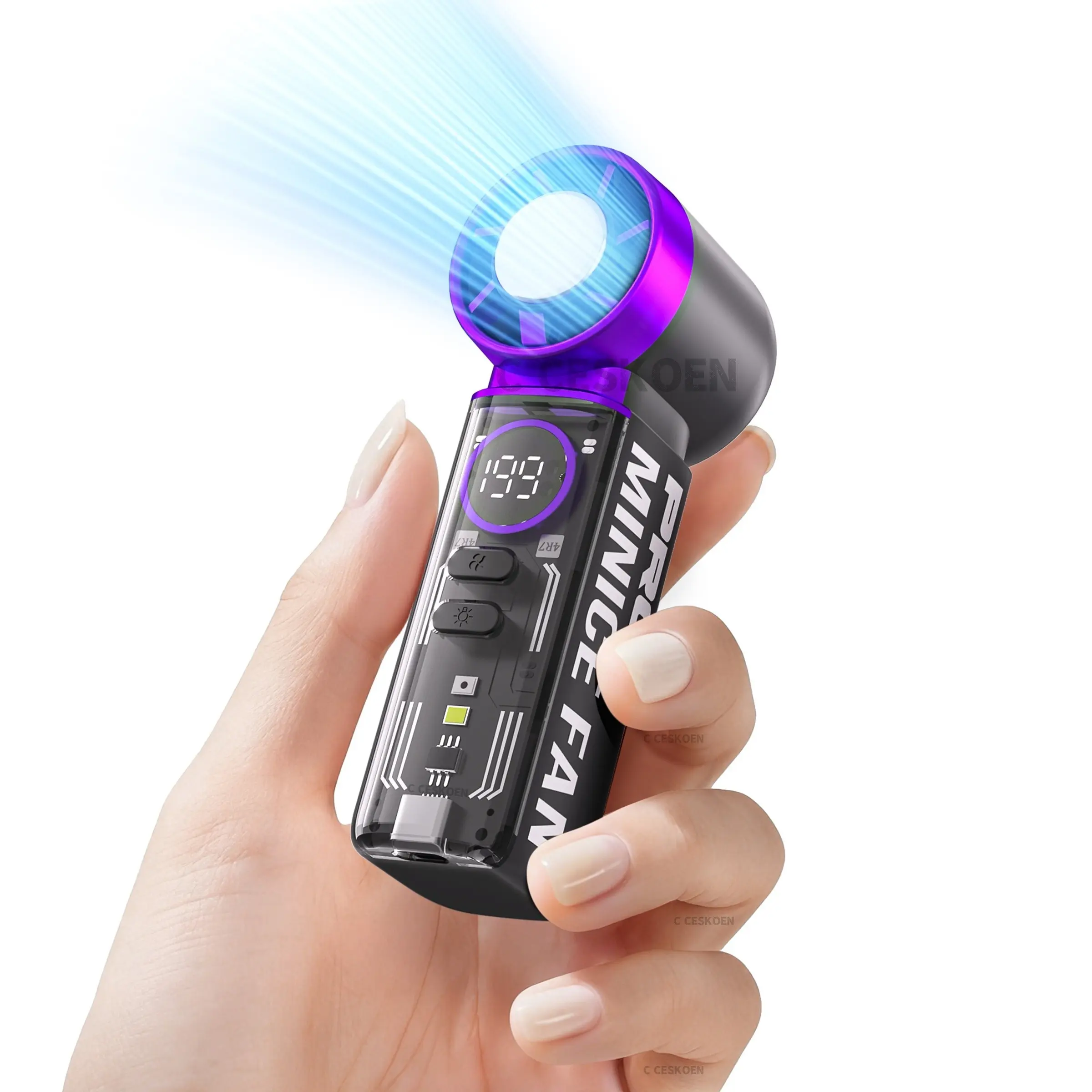 Mini Handheld Turbo Cooling Fan, 3 IN 1 USB-C Rechargeable Portable Turbo Fan with Flashlight, Mood Light, Pocket Design for Travel/Summer/Concerts/Lash, Gifts for Women