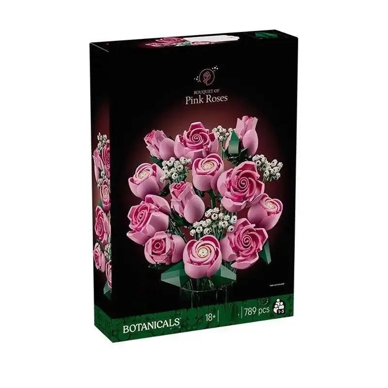 Pink Rose Flower Building Set, Botanical Bouquet Kit, Realistic Blooming Roses, DIY Flower Blocks, Home Decor, Romantic Gift for Women, Romantic Floral Decor