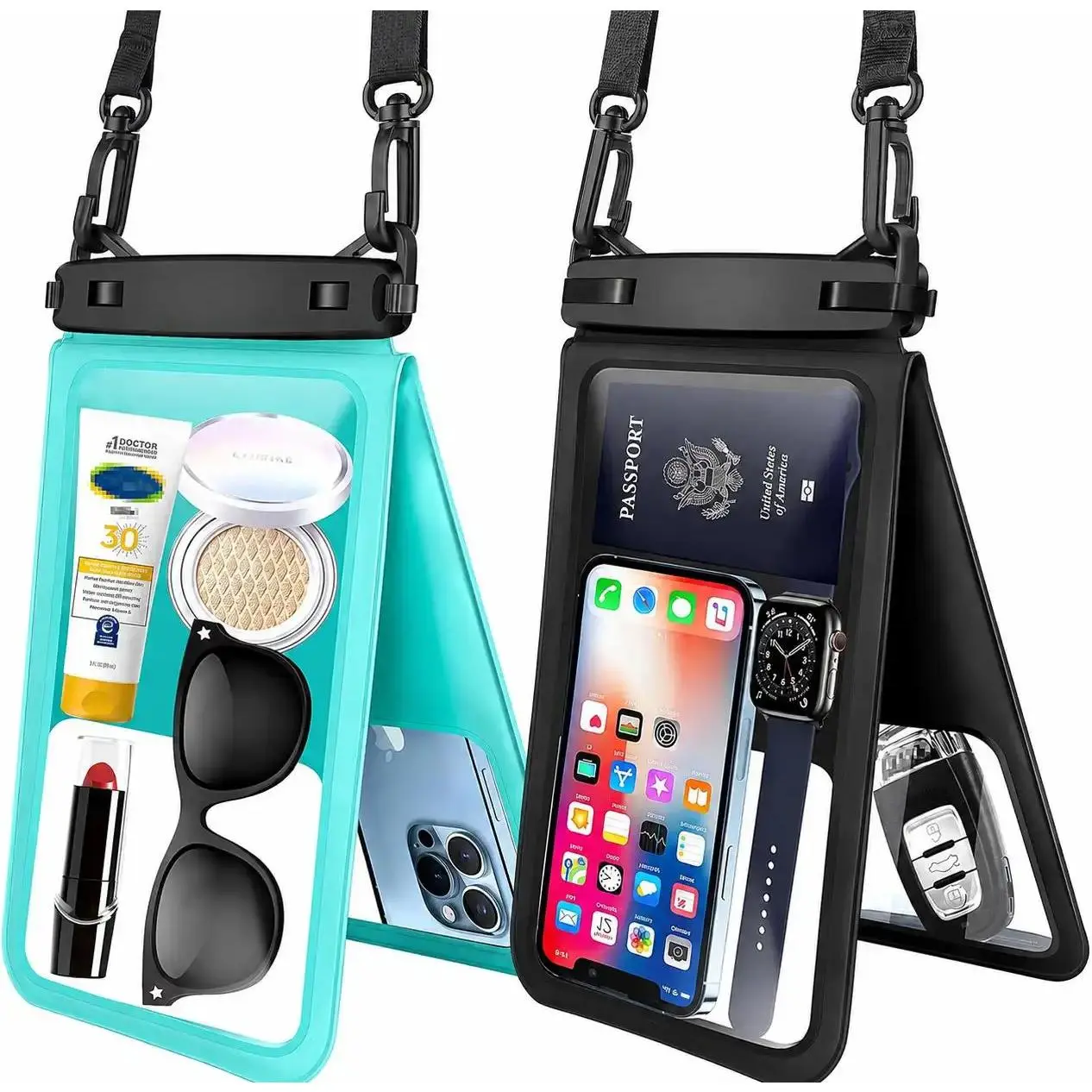 Waterproof Phone Pouch Crossbody, Dual Pocket PVC Touchscreen Dry Bag with Adjustable Strap for Beach, Swimming, Cruise, Pool, Kayaking, Holds Phone, Wallet & Keys