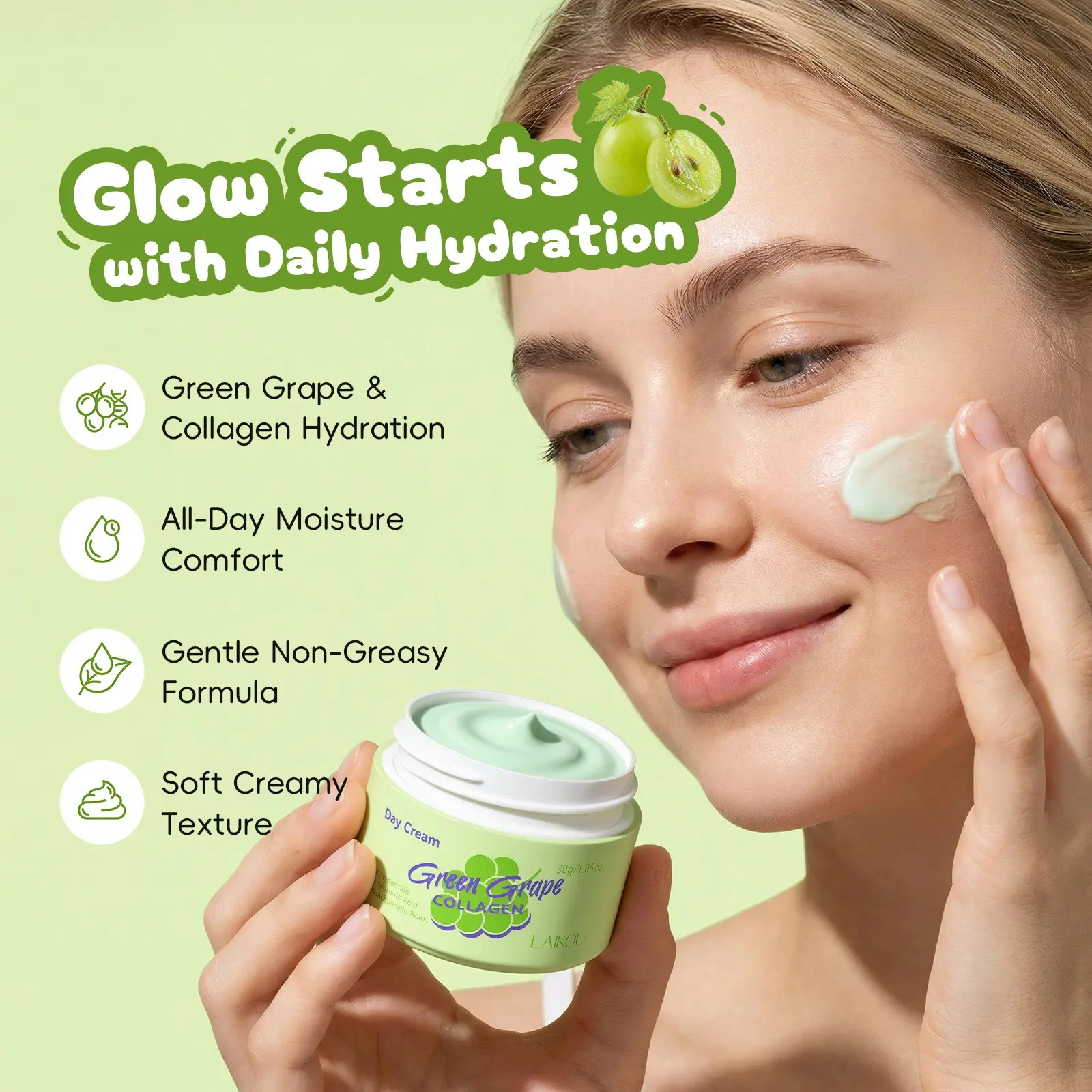 Grape Collagen Day Cream 30g, Bha+niacinamide+5 Ceramides, Oil Control, Pore Refinement, Hydrating, Non-Greasy, Suitable for Oily Skin， Balances Oily & Combination Skin， Smooths & Refines