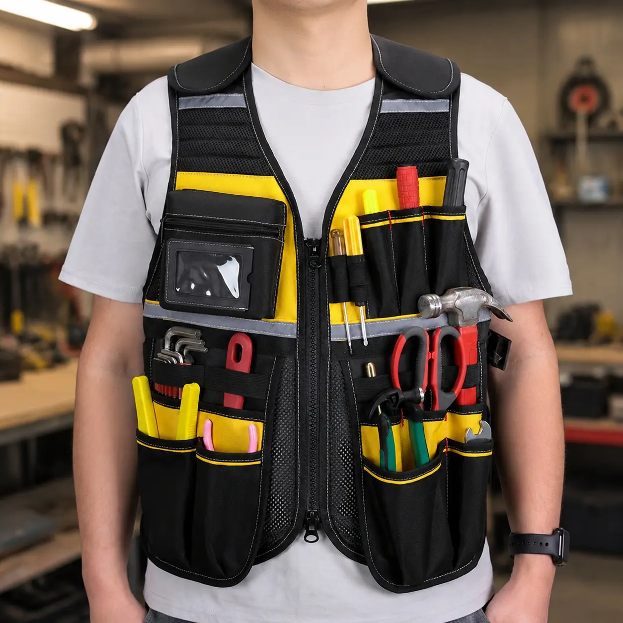 Heavy Duty Multi-Pocket Tool Vest - Reflective Safety Work Vest for Construction, Electricians, and Mechanics. Waterproof, Breathable, Rip-Resistant with Tool Organizer. Comfortable Work Vest for Gardening and Carpentry.