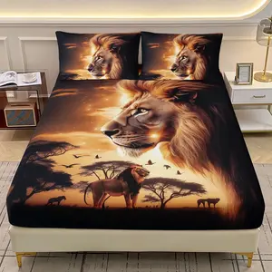 3D Lion Queen Size Fitted Sheet Set for Kids Boys,Wild Animal Lion Bedding Set 3Pcs,Sunset Rustic Prairie Fitted Sheet with 2 Pillowcases