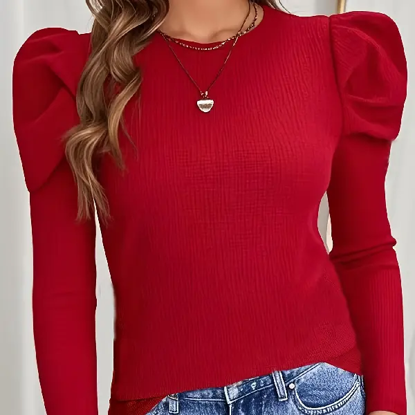 Women's Feminine Ribbed Basic Fitted Long Sleeve Blouse - Puffed Sleeves, Ruched Shoulders, Round Neck, Regular Fit, Machine Washable, Non-See-Through, Medium Stretch, Spring/Autumn Casual/Dressy Top, Accessories-Friendly, Garment, Blouses