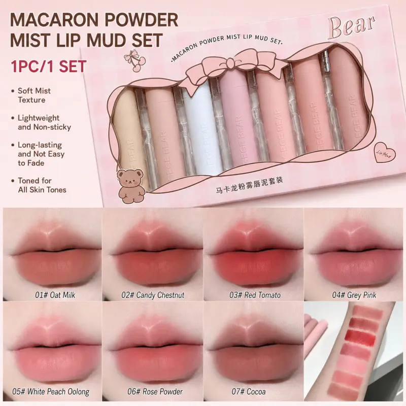 Gegebear Macaron Powder Matte Lip Balm, Gentle, Lightweight, Hydrating, Hydrate, Moisturizing, Fine and Soft, Smooth, Autumn Winter Foggy Glossy Finish, Suitable for Women, Any Occasion, Perfect Gift Choice