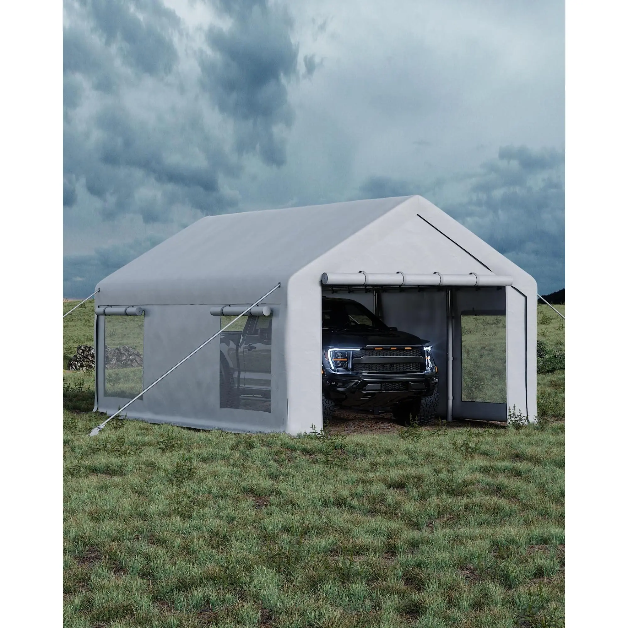 Garvee 10x20 ft Portable Garage, Car Port with 200 g PE Tarp Cover, with Front & Rear Roll-Up Doors and 4 Windows, for Temporary Paint Booth, Boats&Pickups Shed, and Event Shelter, White